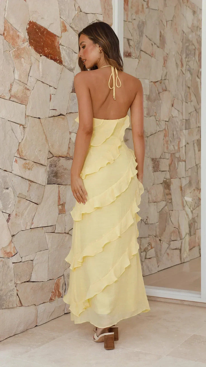 Cascada | Halter Neck Tiered Ruffle Chiffon Cocktail Maxi Dress