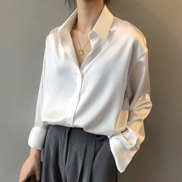 Celeste | Relaxed Satin Silk Blouse – Women's Elegant Long Sleeve Shirt