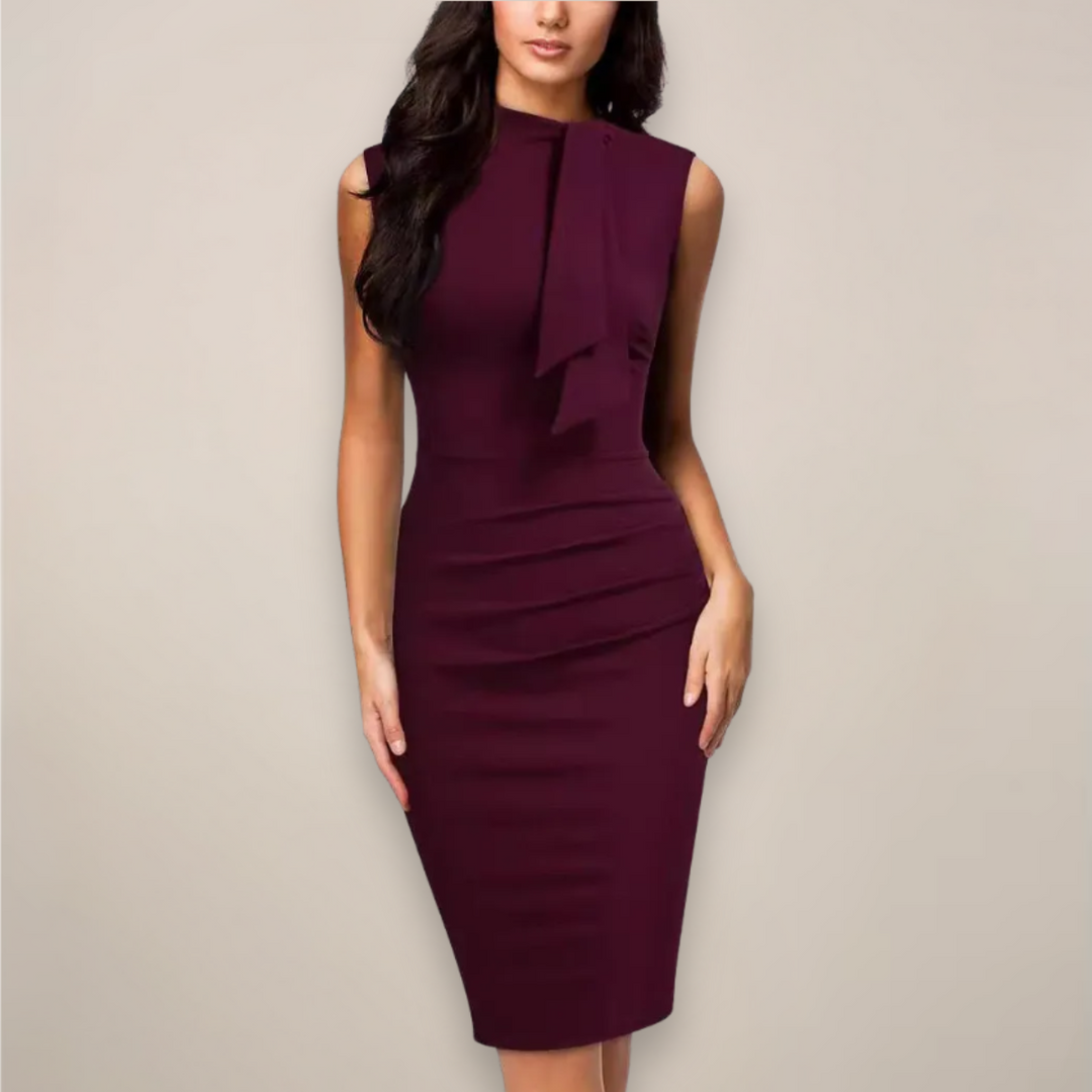 Clarissa | Mock Neck Bow Detail Ruched Bodycon Midi Formal Dress