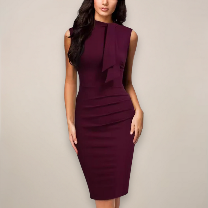 Clarissa | Mock Neck Bow Detail Ruched Bodycon Midi Formal Dress