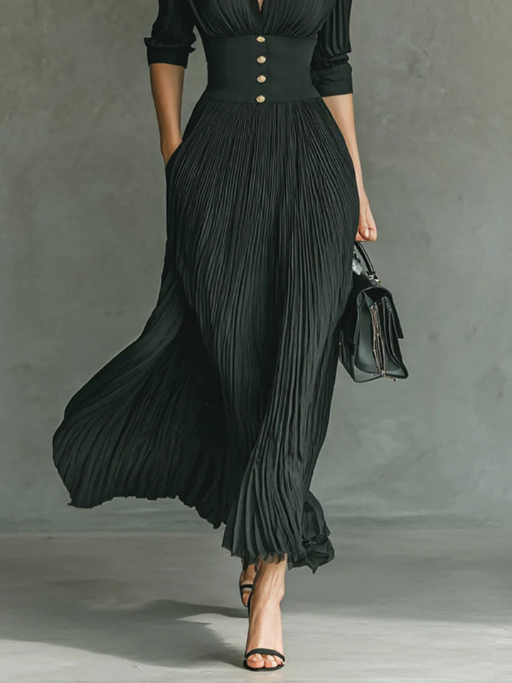 Leonora | V-Neck Gold Button Pleated Maxi Fall Wedding Guest Dress