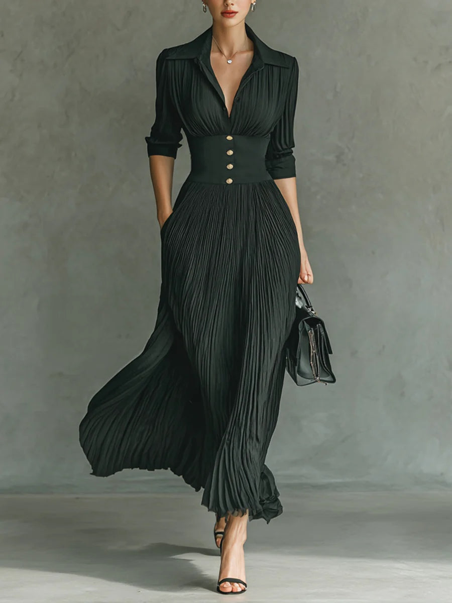 Leonora | V-Neck Gold Button Pleated Maxi Fall Wedding Guest Dress