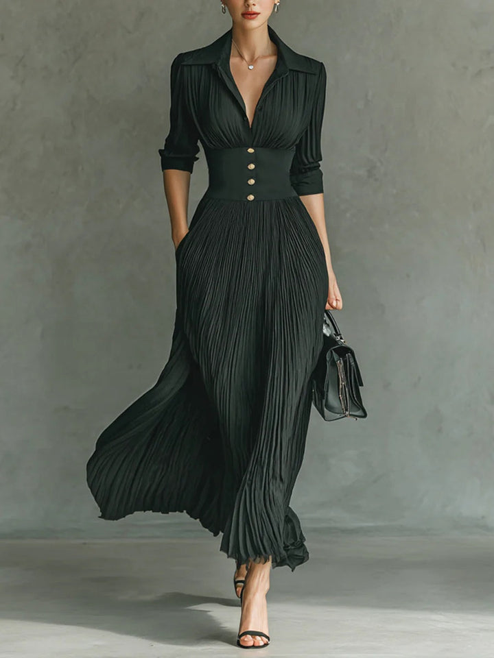 Leonora | V-Neck Gold Button Pleated Maxi Fall Wedding Guest Dress