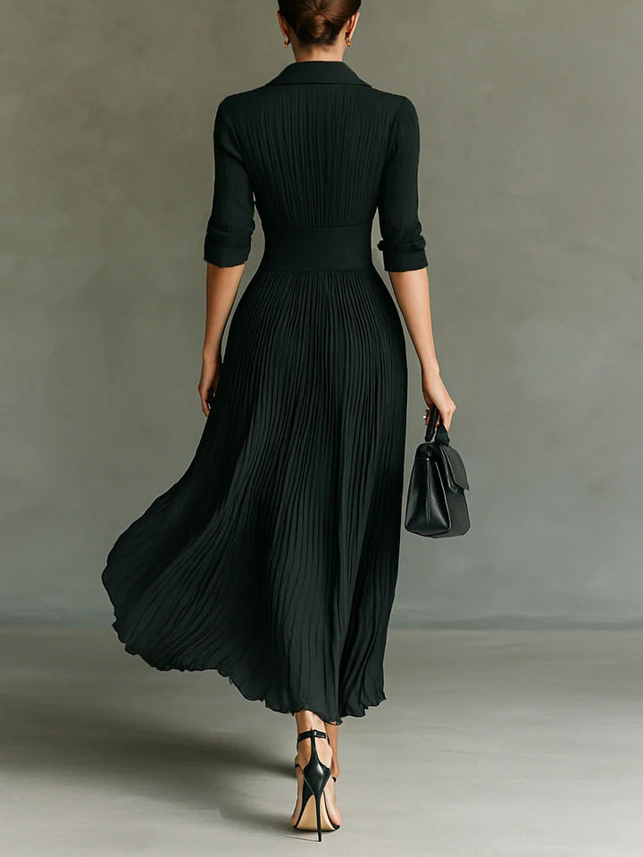 Leonora | V-Neck Gold Button Pleated Maxi Fall Wedding Guest Dress