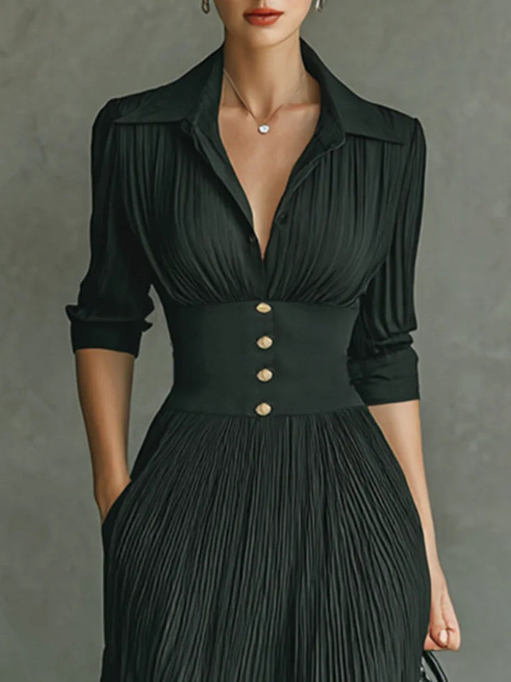 Leonora | V-Neck Gold Button Pleated Maxi Fall Wedding Guest Dress