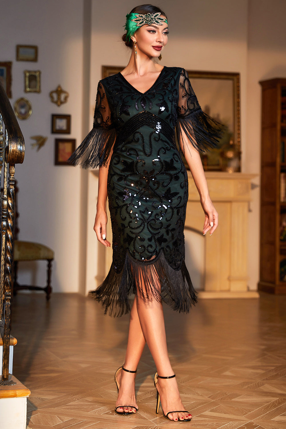 Deco | Sequin Baroque Fringe Sleeve Wedding Guest Midi Dress