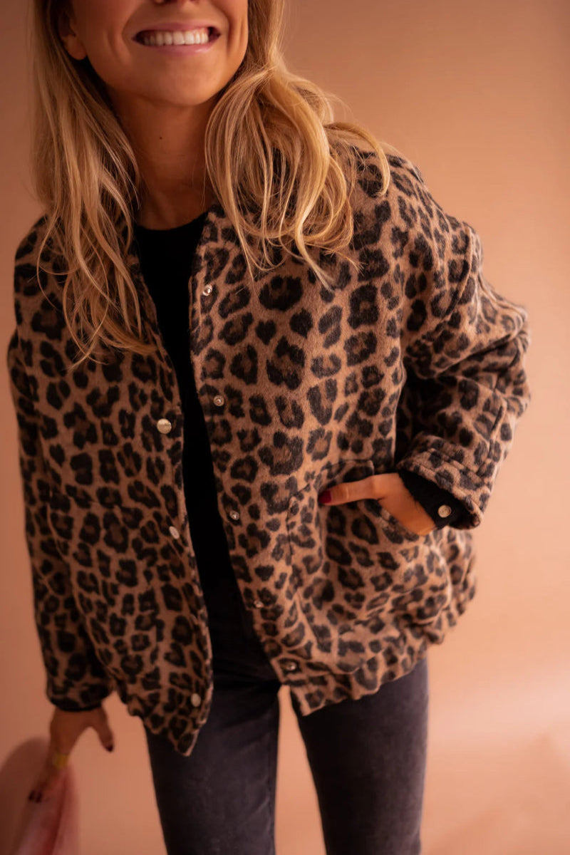 Zahara | Leopard Print Snap Button Women's Bomber Jacket
