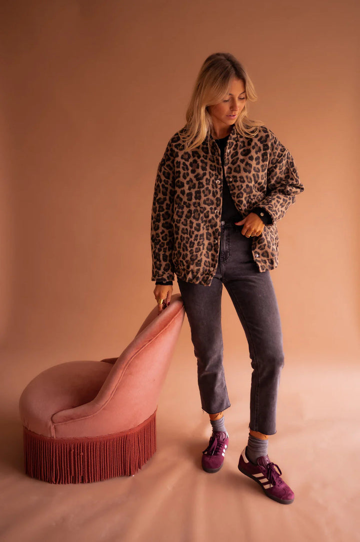 Zahara | Leopard Print Snap Button Women's Bomber Jacket
