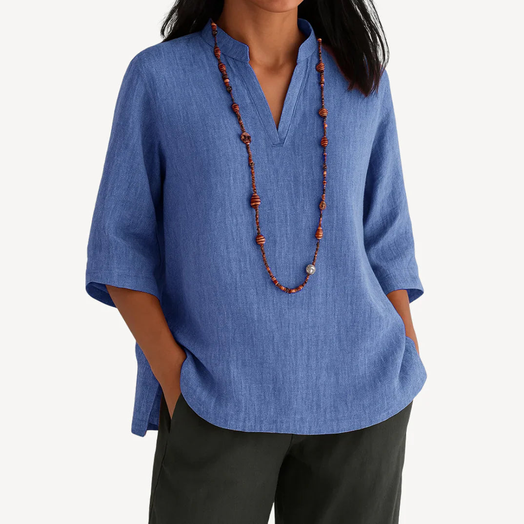 Zeloria | Mandarin V-Neck Three-Quarter Sleeve Tunic Blouse
