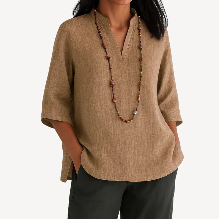 Zeloria | Mandarin V-Neck Three-Quarter Sleeve Tunic Blouse