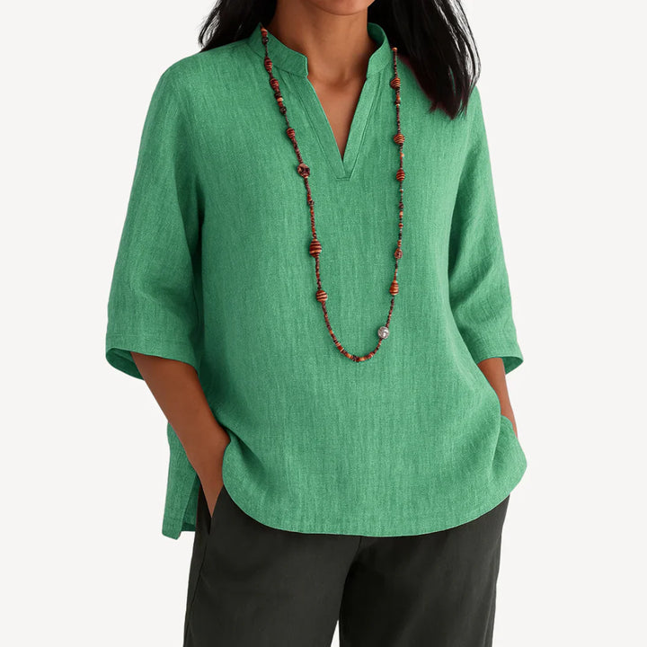 Zeloria | Mandarin V-Neck Three-Quarter Sleeve Tunic Blouse