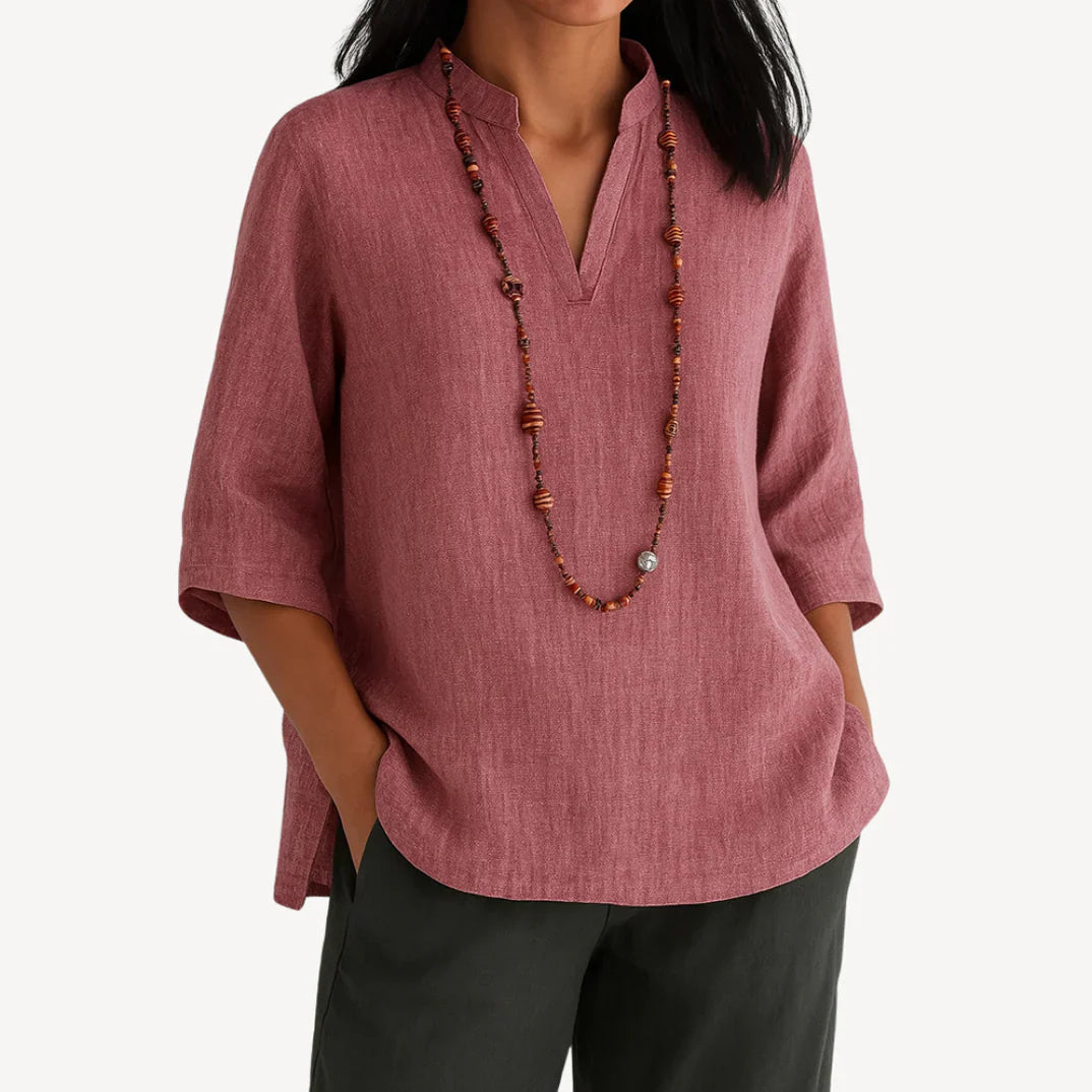 Zeloria | Mandarin V-Neck Three-Quarter Sleeve Tunic Blouse