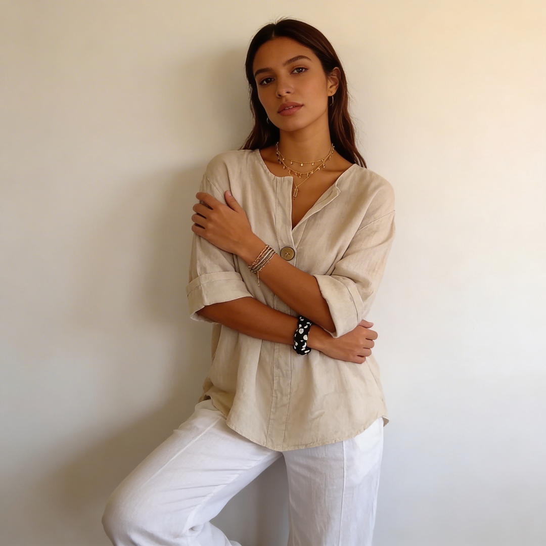 Noor | Single-Button V-Neck Oversized Tunic Blouse