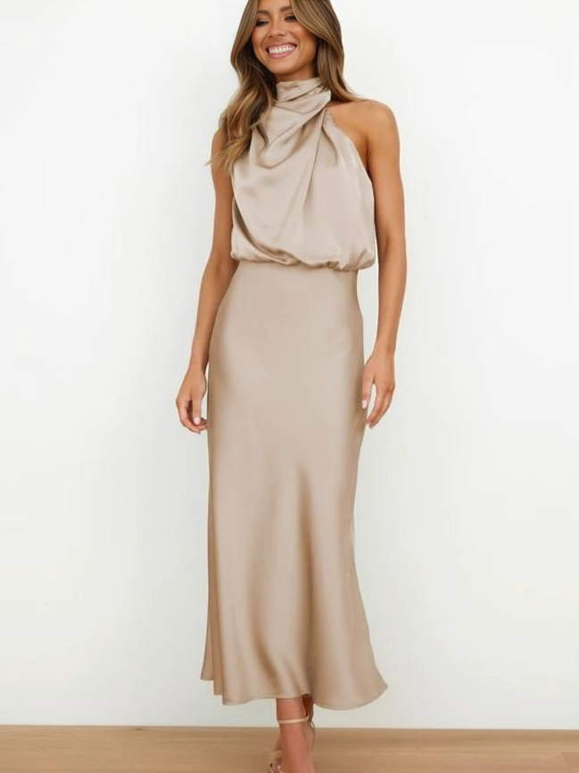 Severine | Draped Twist Satin Halter Neck Maxi Dress with Open Back