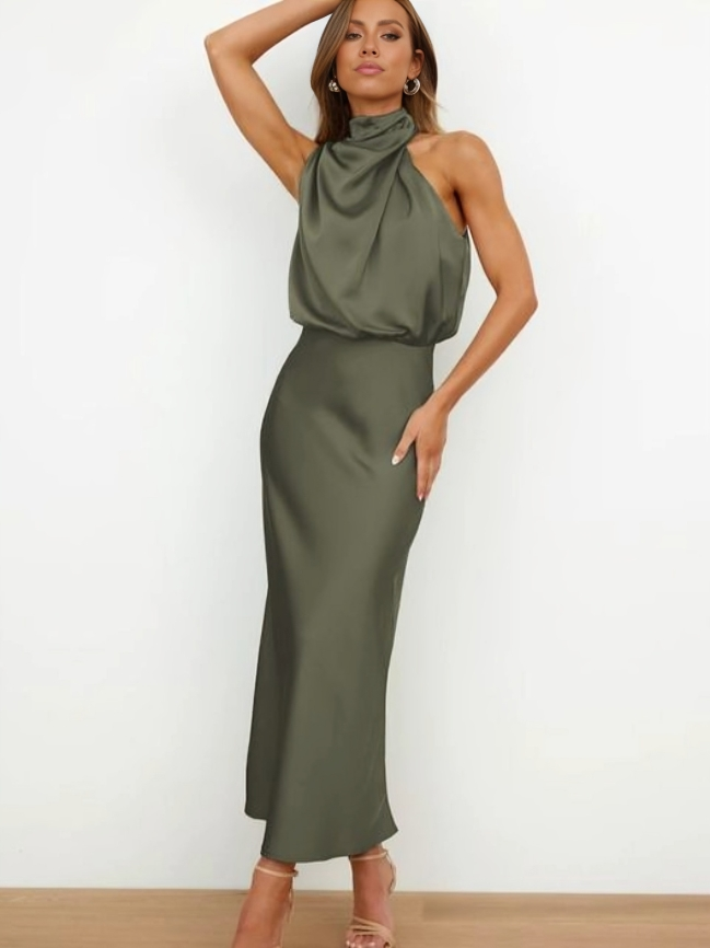 Vesper | Twisted Cowl Blouson Satin Halter Neck Maxi Dress