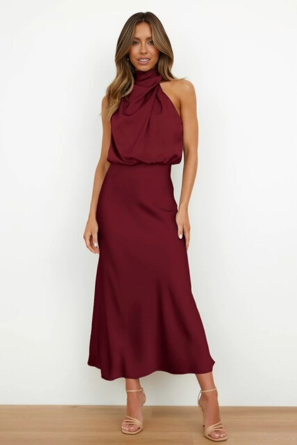 Vesper | Twisted Cowl Blouson Satin Halter Neck Maxi Dress