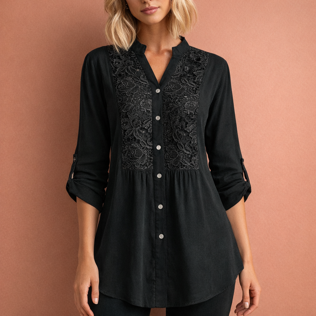 Lacette | Crochet Lace Panel Button-Up Tunic Blouse