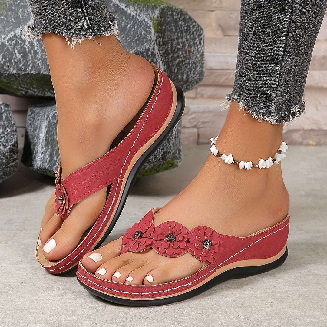 Fiona | Floral Appliqué Toe Post Wedge Sandals