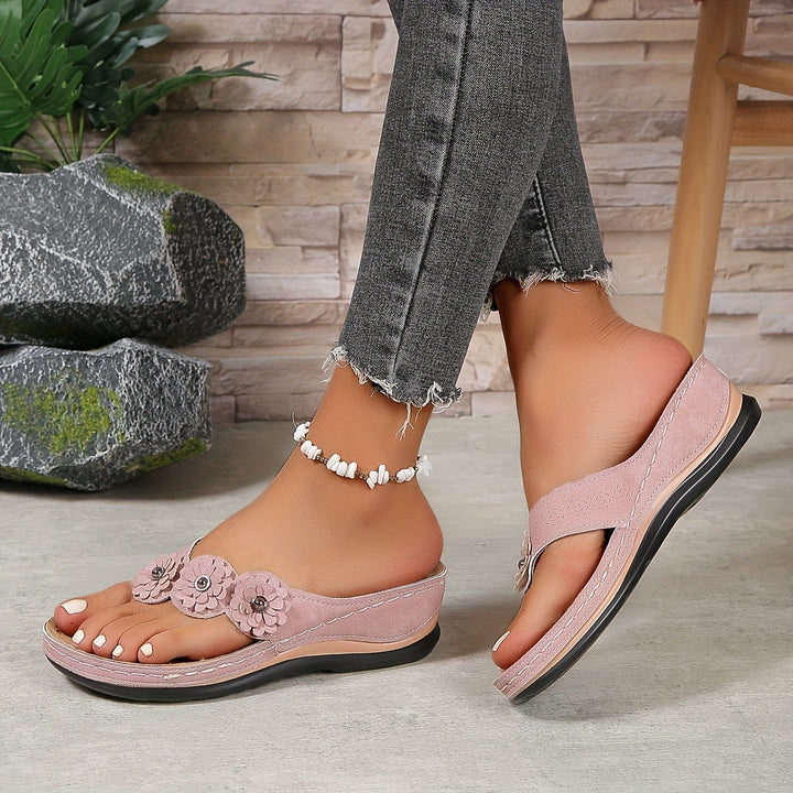 Fiona | Floral Appliqué Toe Post Wedge Sandals