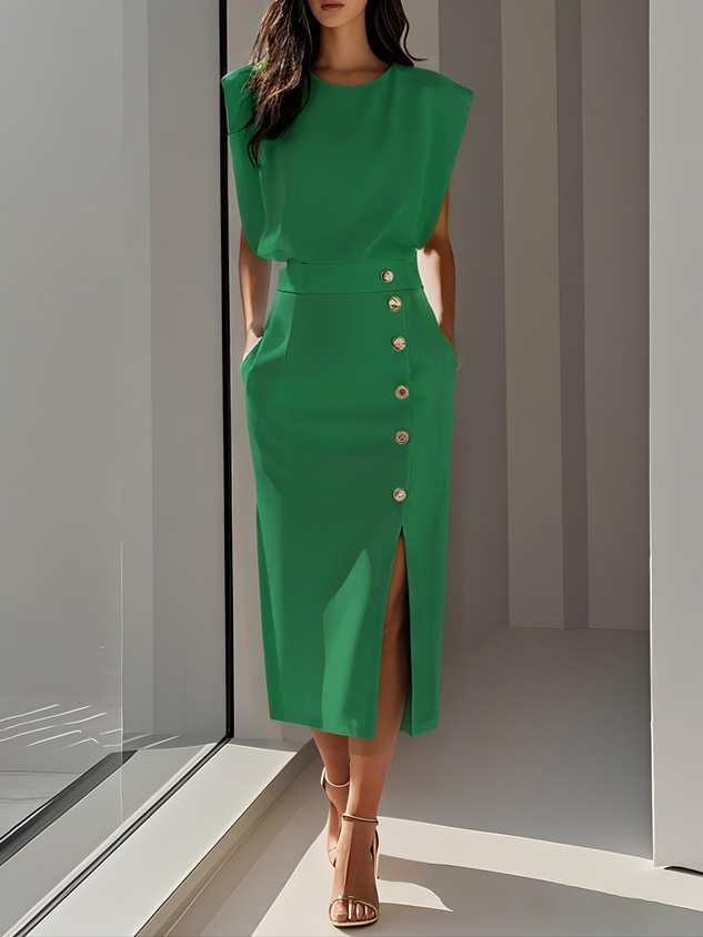 Vance | Padded Shoulder Gold Button Slit Midi Dress