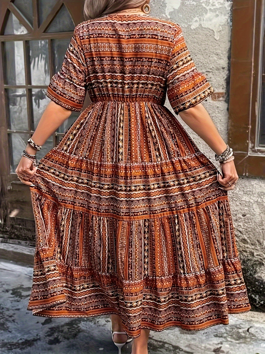 Calindra | Ethnic Stripe Print Smocked Tiered Boho Dress