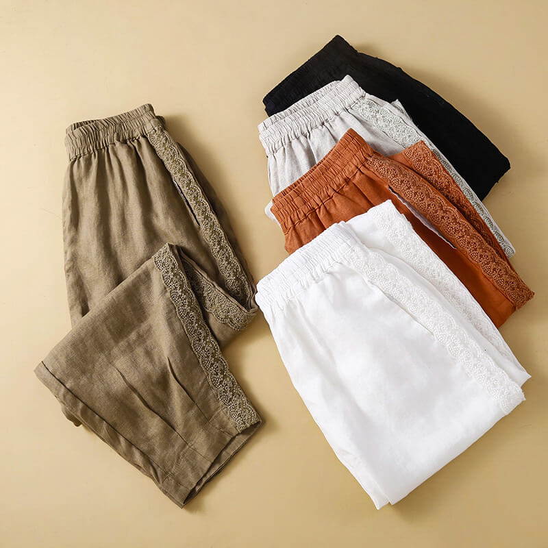 Celeste | Women's Linen Pants with Lace Trim