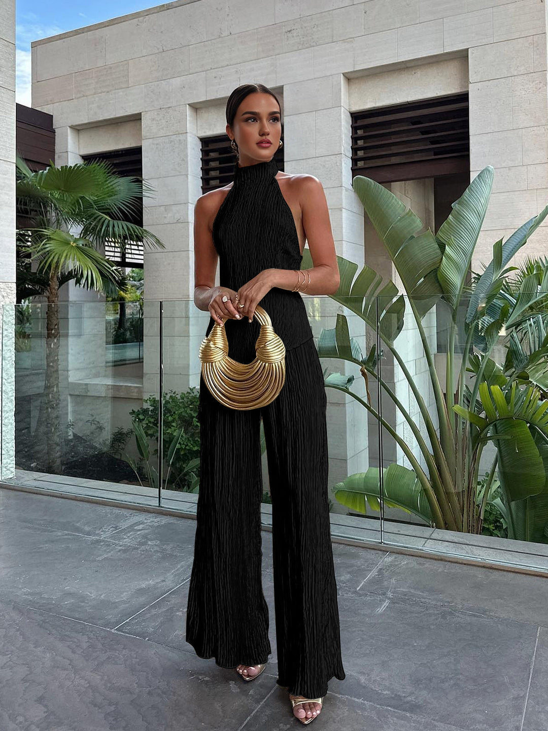 Celara | Textured Halter Neck Crop Top and Wide Leg Trouser Co-ord Set
