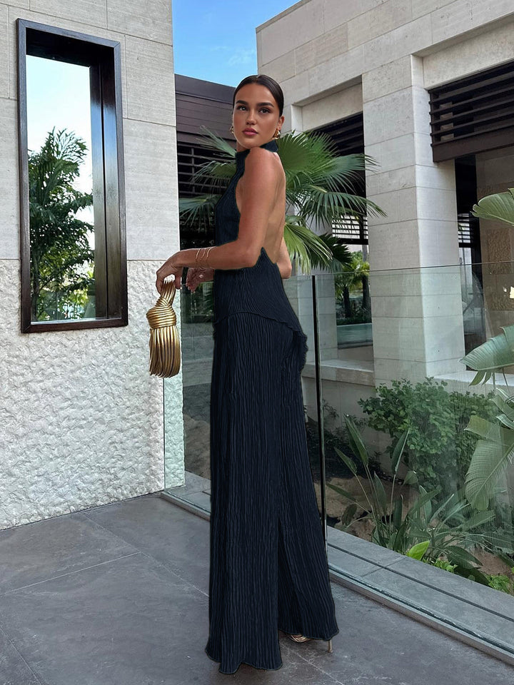 Celara | Textured Halter Neck Crop Top and Wide Leg Trouser Co-ord Set