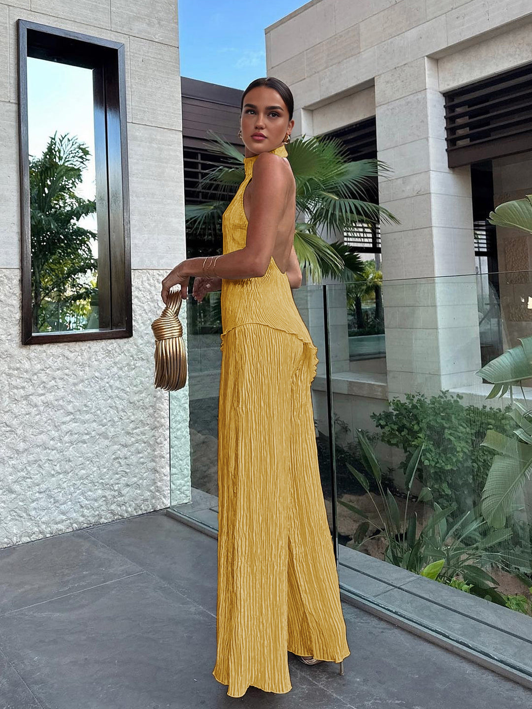Celara | Textured Halter Neck Crop Top and Wide Leg Trouser Co-ord Set