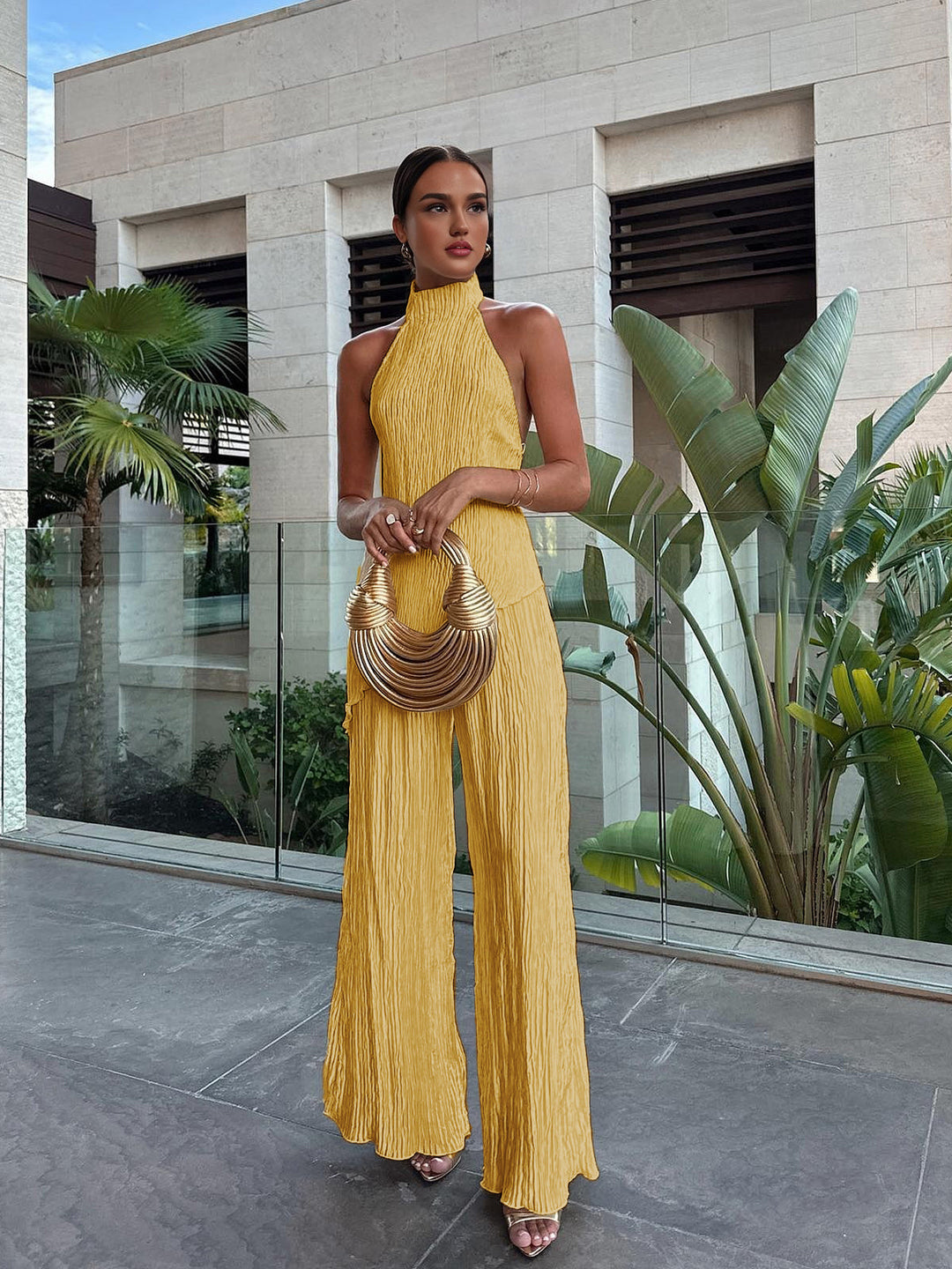Celara | Textured Halter Neck Crop Top and Wide Leg Trouser Co-ord Set