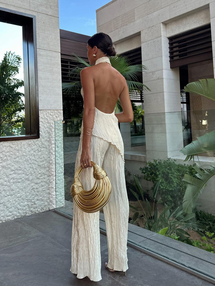 Celara | Textured Halter Neck Crop Top and Wide Leg Trouser Co-ord Set