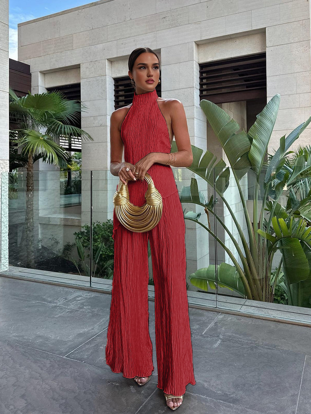 Celara | Textured Halter Neck Crop Top and Wide Leg Trouser Co-ord Set