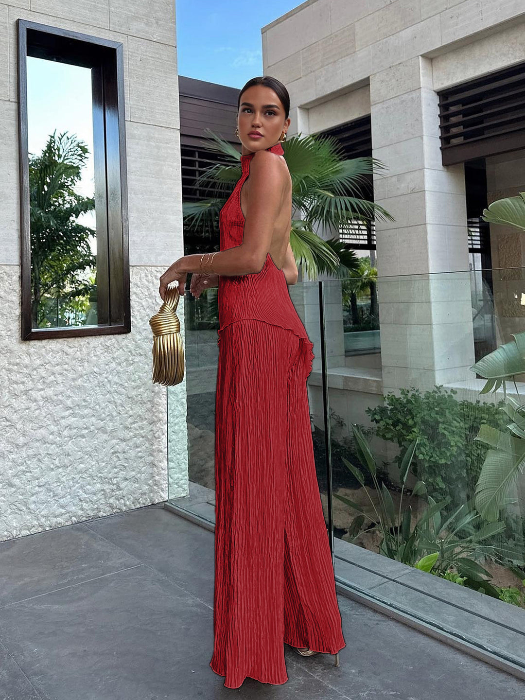 Celara | Textured Halter Neck Crop Top and Wide Leg Trouser Co-ord Set