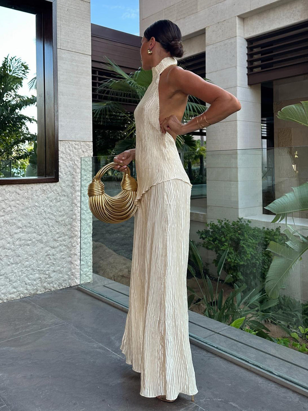 Celara | Textured Halter Neck Crop Top and Wide Leg Trouser Co-ord Set