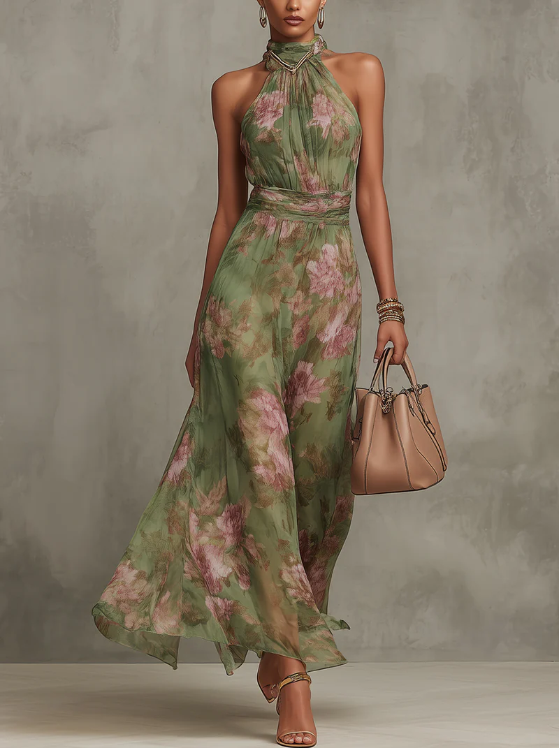 Aurelia | Floral Chiffon Gathered Halter Wedding Guest Dress
