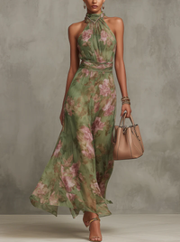 Florentina | Gathered Floral Chiffon Halter Neck Maxi Dress