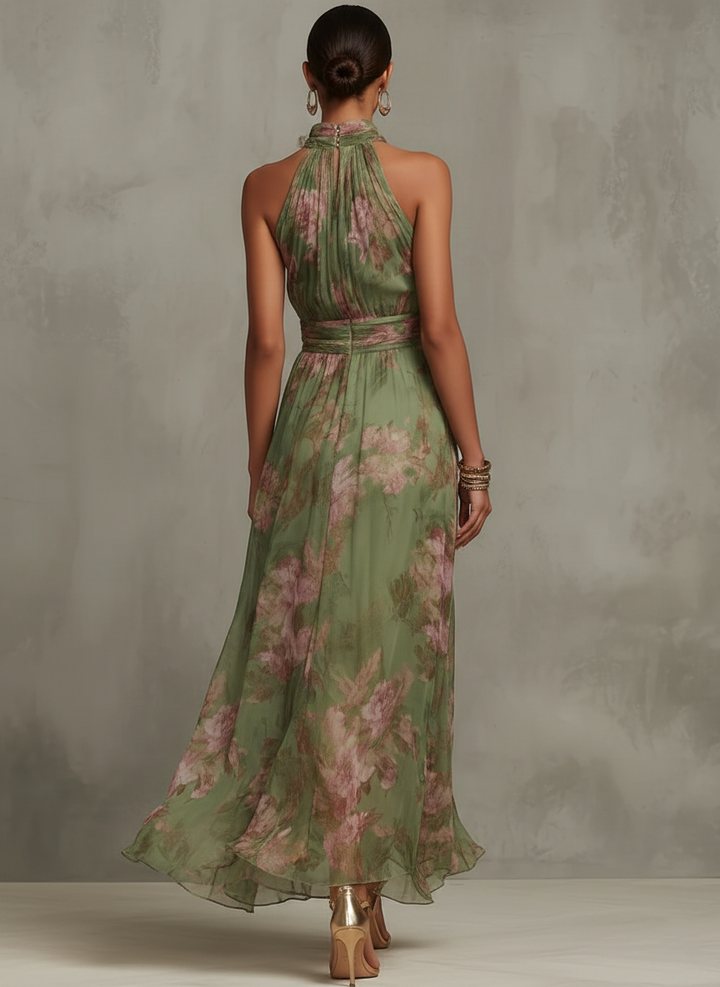 Aurelia | Floral Chiffon Gathered Halter Wedding Guest Dress