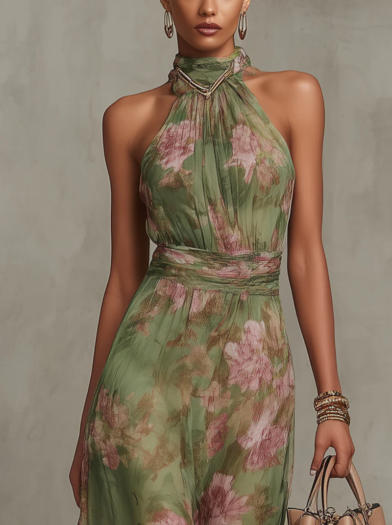 Florentine | Botanical Floral Gathered Halter Neck Maxi Dress in Chiffon