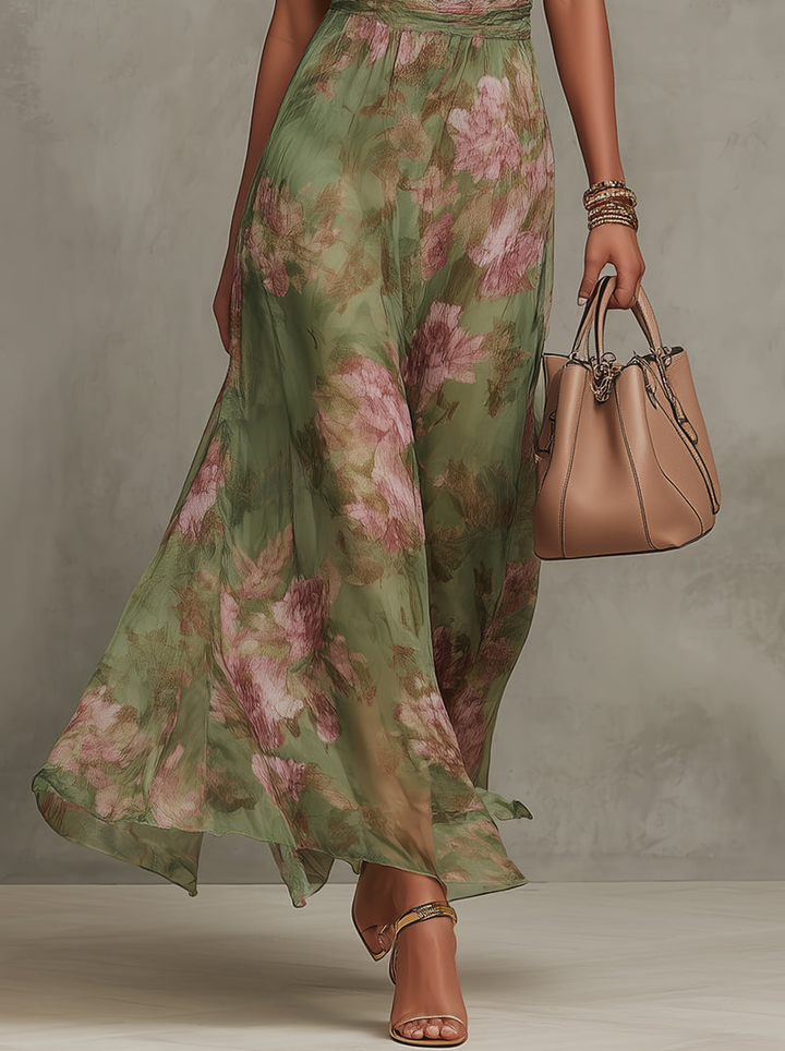 Florentine | Botanical Floral Gathered Halter Neck Maxi Dress in Chiffon