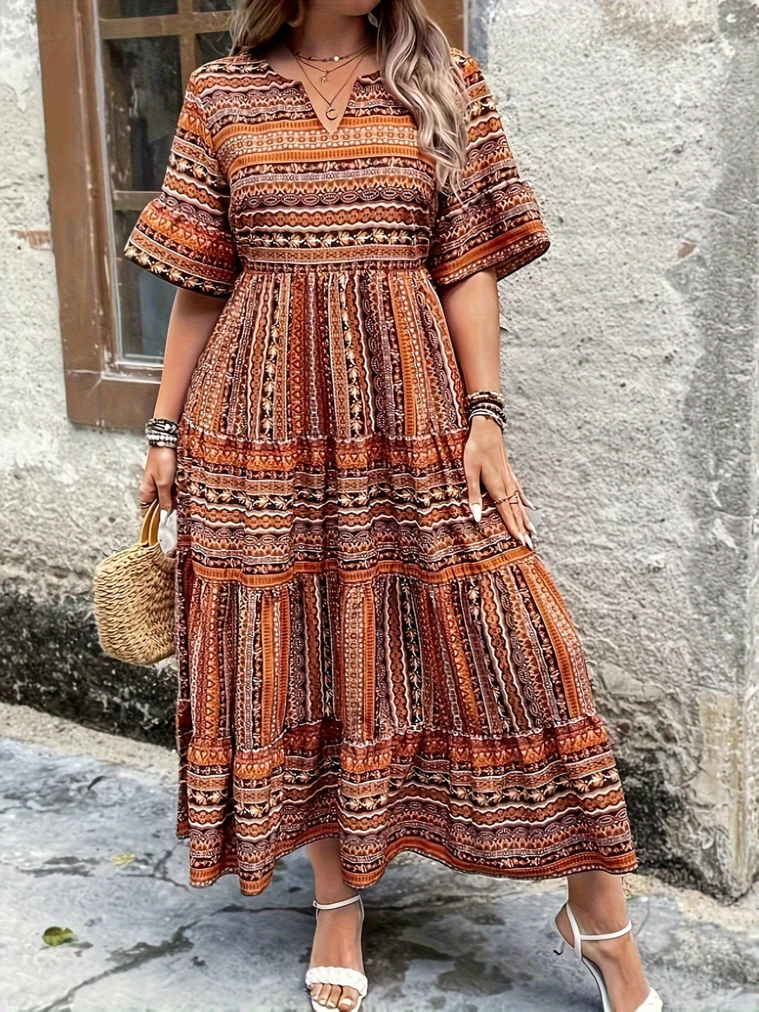 Calindra | Ethnic Stripe Print Smocked Tiered Boho Dress
