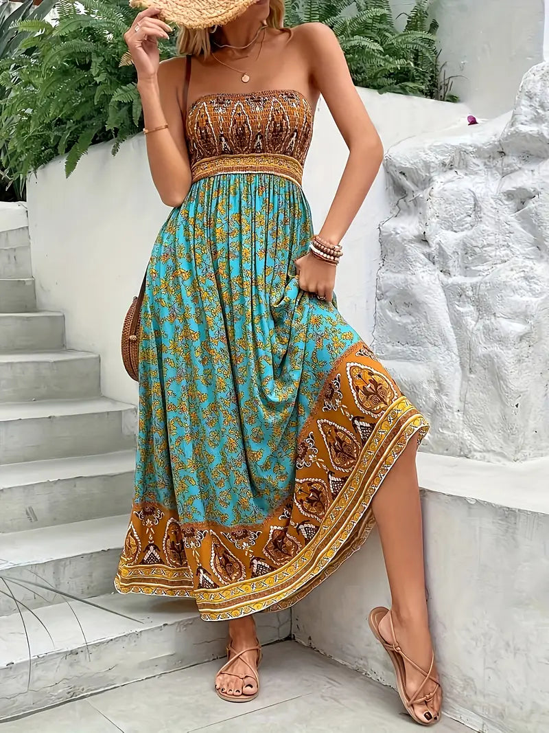 Zafira | Boho Bandeau Womens Pleated Midi Dress with Paisley Print