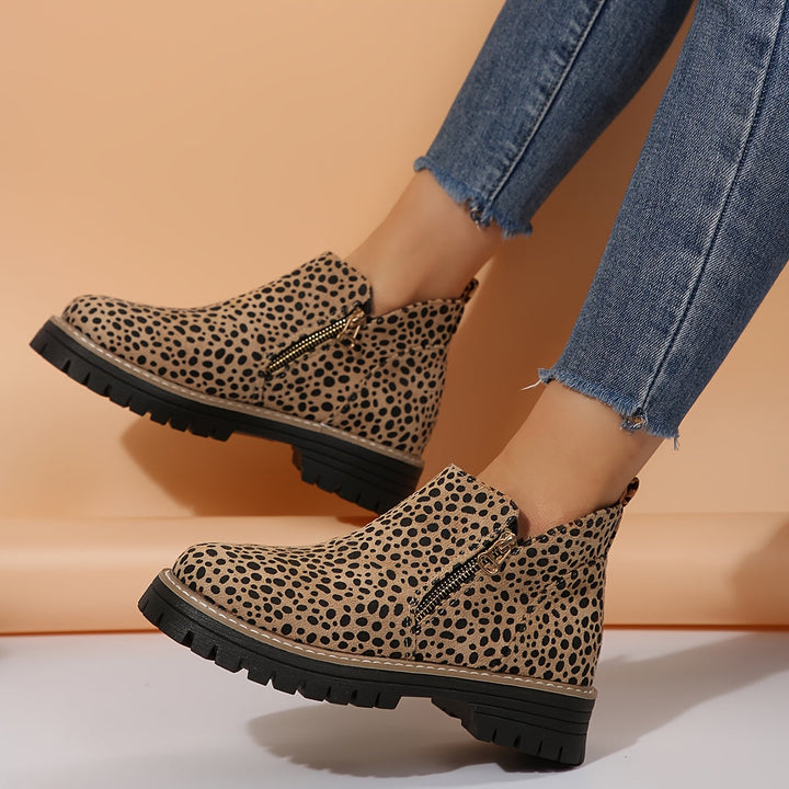 Zeva | Cheetah Print Side Zip Chunky Lug Sole Ankle Boots