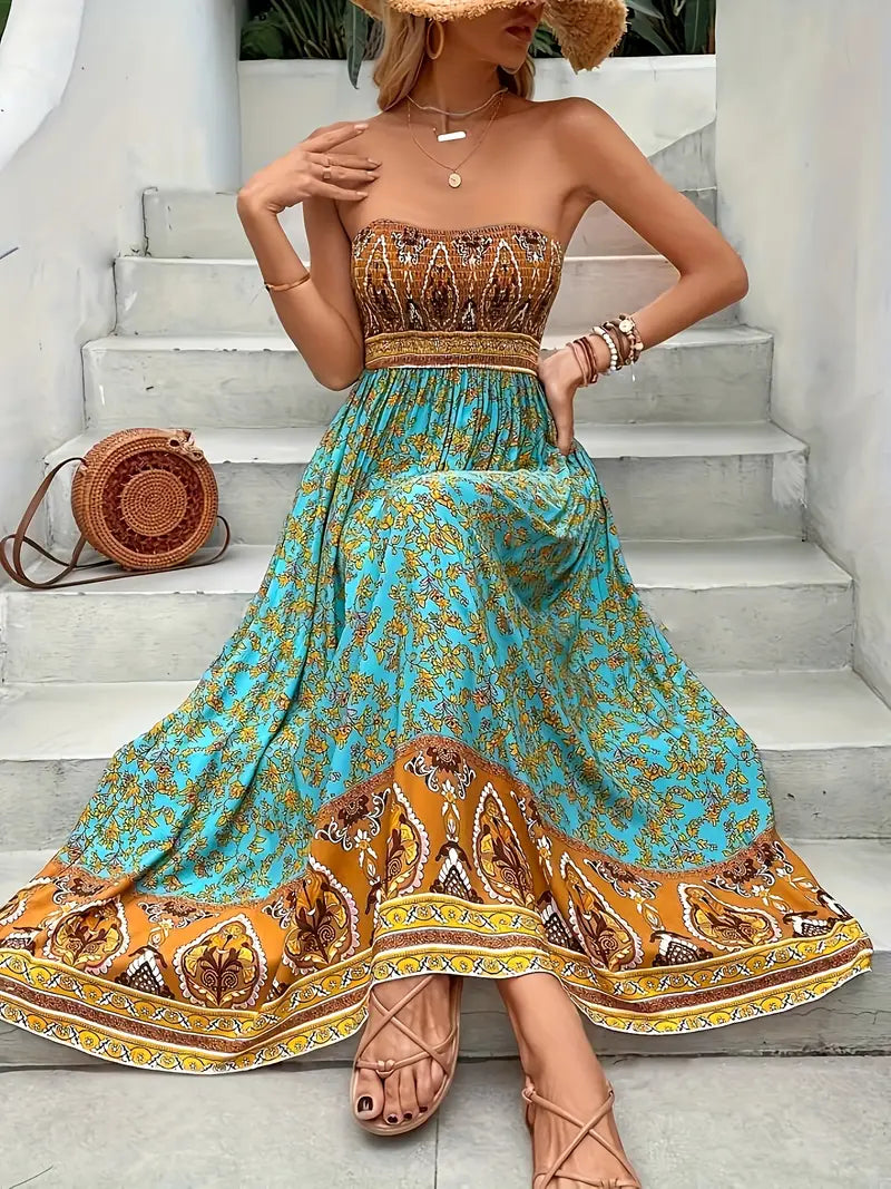Zafira | Boho Bandeau Womens Pleated Midi Dress with Paisley Print