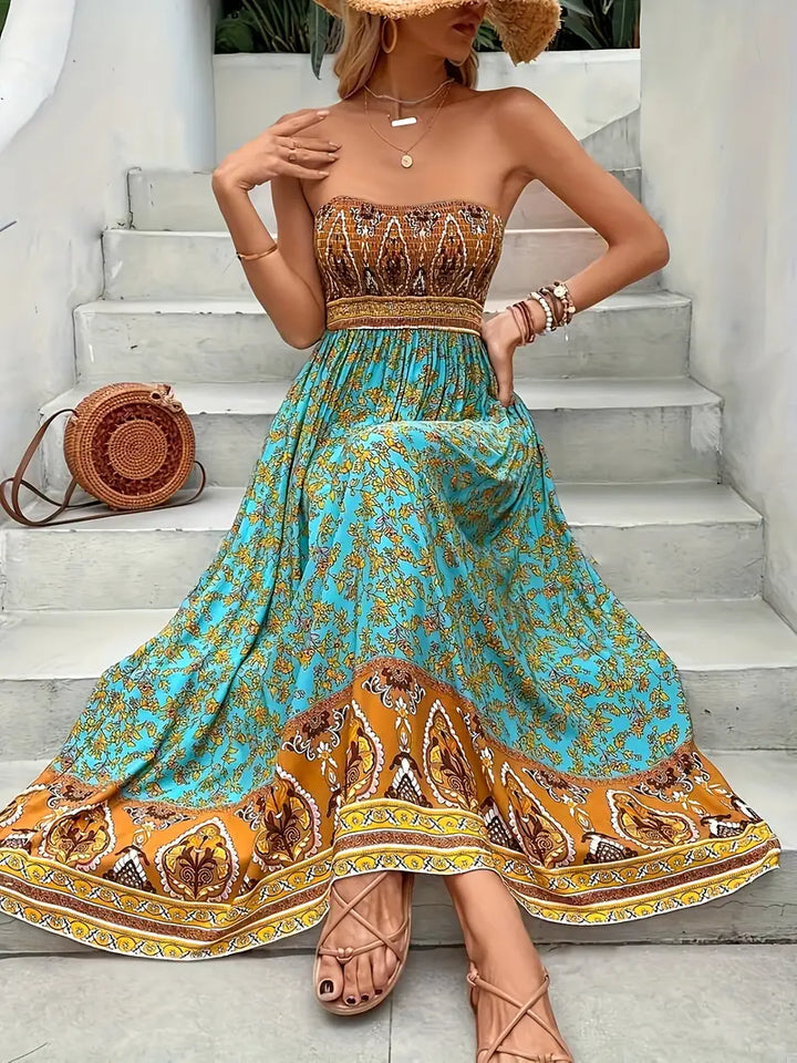 Zafira | Boho Bandeau Womens Pleated Midi Dress with Paisley Print