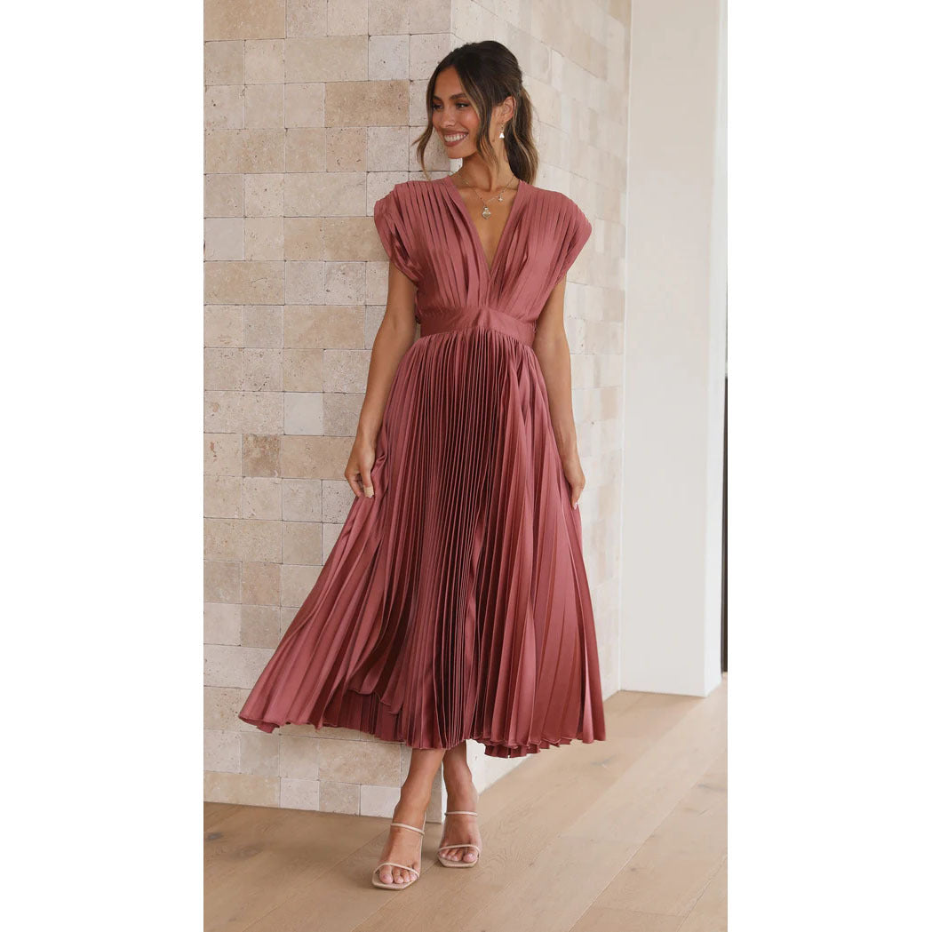 Aurora | Deep V Neck Pleated Satin Midi Dress