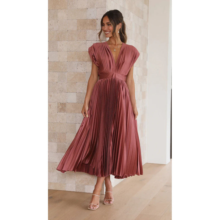 Aurora | Deep V Neck Pleated Satin Midi Dress