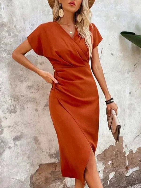 Olivia Dress - Orange V-Neck Midi Dress with Split