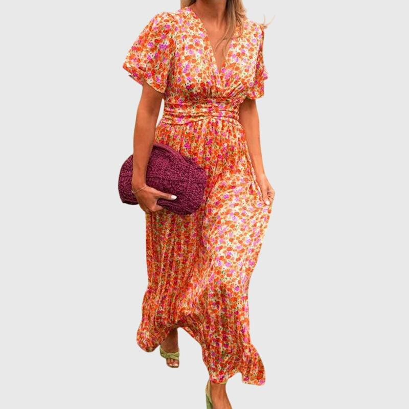 Marigold | Floral Ruched-Waist Pleated Maxi Summer Dress