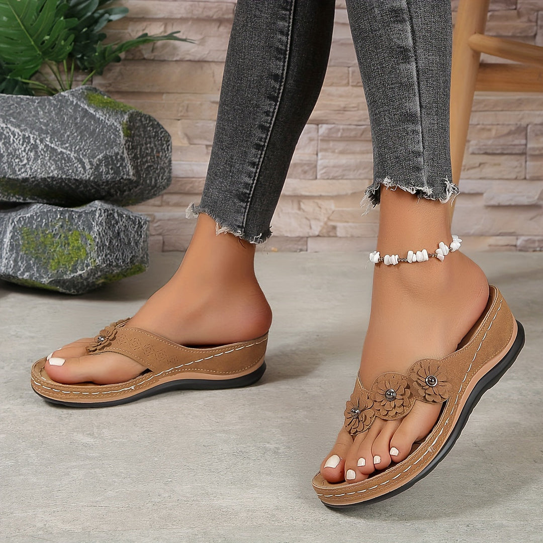 Fiona | Floral Appliqué Toe Post Wedge Sandals
