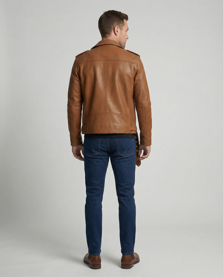 Bronco | Classic Belted Moto Leather Jacket with Epaulette Detail